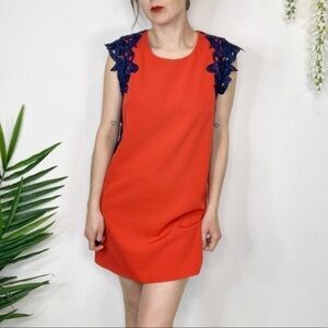 NWT MAAC LONDON Red Shift Dress with Blue Lace